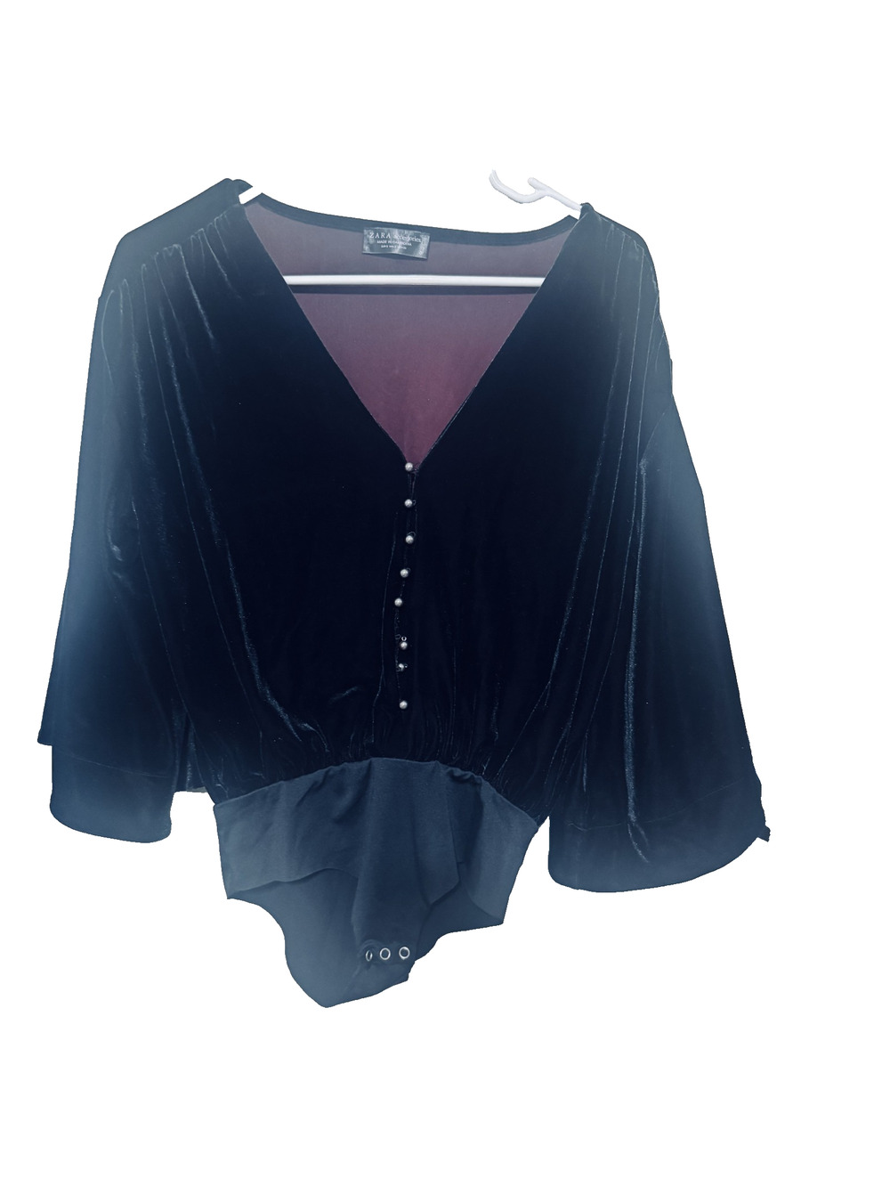 Zara Black Velvet Velour Bell Sleeve Bodysuit Size S silver buttons goth glam